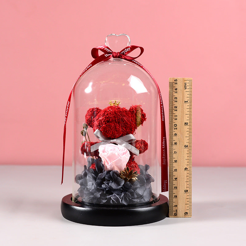 Florist Gift Box Flowers Eternal Flower Glass Cover Bear Rose